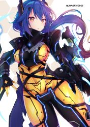 Rule 34 | 1girl, blue hair, blush, bodysuit, breasts, covered navel, gloves, glowing, hair between eyes, headgear, highres, long hair, looking at viewer, medium breasts, phantasy star, phantasy star online 2, quna (pso2), racket ti1, skin tight, solo, twintails, yellow bodysuit, yellow eyes, yellow gloves, zelsius