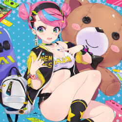 Rule 34 | 1girl, animal crossing, ass, backpack, badge, bag, black choker, black hairband, black jacket, black shorts, black socks, blue background, blue eyes, blue hair, blue nails, breasts, button badge, button eyes, buttons, choker, cleavage, collarbone, commentary request, crop top, double bun, fang, feet out of frame, green eyes, green nails, hair bun, hair ornament, hairband, hairclip, highres, jacket, jiujiuyatou (yayanzz), medium breasts, midriff, multicolored eyes, multicolored hair, multicolored nails, nail polish, nintendo, nintendo switch, open clothes, open jacket, open mouth, original, orville (animal crossing), pink hair, pink nails, print socks, puffy short sleeves, puffy sleeves, purple eyes, short shorts, short sleeves, shorts, signature, skateboard, socks, solo, star (symbol), star print, starry background, stuffed animal, stuffed toy, tank top, teddy bear, tom nook (animal crossing), two-tone hair, white tank top