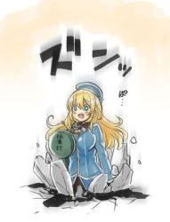 Rule 34 | 10s, 1girl, :d, atago (kancolle), bad id, bad pixiv id, beret, blonde hair, blue eyes, crack, cracked floor, engiyoshi, falling, hat, kantai collection, long hair, open mouth, pantyhose, smile, solo, translation request, weighing scale