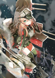 Rule 34 | 10s, 1girl, :d, anchor hair ornament, aqua eyes, blonde hair, blush, cannon, cross print, gloves, hair ornament, hand on headwear, hat, hat tip, kantai collection, long hair, long sleeves, looking at viewer, machinery, microskirt, military, military uniform, one eye closed, open mouth, peaked cap, prinz eugen (kancolle), shino (eefy), shoes, skirt, smile, smoke, solo, thighhighs, turret, twintails, uniform, walking, walking on liquid, water, white gloves