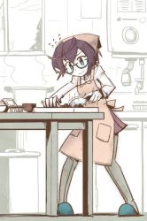 Rule 34 | 10s, 1girl, apron, blue eyes, commentary request, cooking, food, glasses, grey pantyhose, indoors, kantai collection, knife, long sleeves, nattou, okinami (kancolle), pantyhose, partially colored, purple hair, shuuzen (shu-zen), slippers, smile, solo