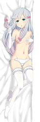Rule 34 | 1girl, absurdres, blue eyes, breasts, covering one breast, covering privates, dakimakura (medium), elbow gloves, eromanga sensei, full body, gloves, grey hair, groin, hair censor, highres, izumi sagiri, lace, lace-trimmed gloves, lace-trimmed legwear, lace-trimmed panties, lace trim, long hair, lying, navel, no bra, on back, panties, pink ribbon, ribbon, side-tie panties, small breasts, solo, thighhighs, thighs, topless, underwear, underwear only, white gloves, white panties, yunkaiming