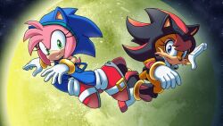 2girls amy_rose blue_eyes bracelet cosplay gloves green_eyes hyoumaru jewelry looking_at_viewer moon multiple_girls night night_sky pink_hair red_hair sally_acorn shadow_the_hedgehog shadow_the_hedgehog_(cosplay) sky smile sonic_(series) sonic_adventure_2 sonic_the_hedgehog sonic_the_hedgehog_(archie_comics) sonic_the_hedgehog_(cosplay) star_(sky) white_gloves