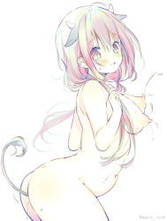 Rule 34 | ahoge, anal tail, animal ears, ass, ass juice, blush, bouncing breasts, breasts, butt plug, cow ears, cow horns, cow tail, embarrassed, fake tail, hinako note, horns, lactation, long hair, march-bunny, medium breasts, navel, official art, pink hair, plump, red eyes, sakuragi hinako, sex toy, signature, solo, sweat, tail, thighs, twintails, white background