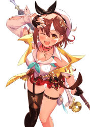 Rule 34 | 1girl, ;d, absurdres, atelier (series), atelier ryza, atelier ryza 2, belt, beret, black gloves, breasts, brown belt, brown eyes, brown hair, brown thighhighs, cleavage, cocoablue23, commentary request, fingerless gloves, gloves, hair ornament, hat, highres, jewelry, key, key necklace, large breasts, leg belt, looking at viewer, medium breasts, necklace, one eye closed, open mouth, red shorts, reisalin stout, short shorts, shorts, simple background, single thighhigh, smile, solo, thick thighs, thighhighs, thighs, white background, white hat