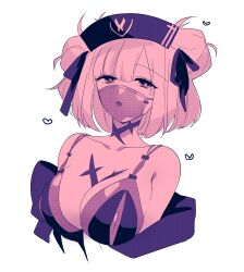 Rule 34 | 1girl, :o, bra, breasts, cleavage, collarbone, double bun, hair bun, hair ribbon, half-closed eyes, hat, heart, highres, large breasts, looking at viewer, macross, macross delta, macross delta: zettai live!!!!!!, mask, monochrome, mouth mask, nurse cap, off shoulder, oke (knjou g tya), open mouth, pink theme, portrait, ribbon, see-through mask, short hair, solo, underwear, white background, yami makina