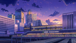 Rule 34 | artist name, building, cable, city, cityscape, cloud, commentary, english text, eru (erutwd), evening, highres, light, no humans, original, scenery, shinjuku (tokyo), star (sky), tokyo (city), train station, twilight
