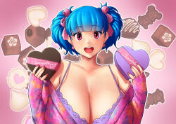 Rule 34 | 1girl, absurdres, blue hair, blunt bangs, blush, bow, bra, breasts, candy, chocolate, chocolate heart, cleavage, collarbone, dress, earrings, erkaz, food, hair bow, hair ribbon, heart, highres, huge breasts, jewelry, looking at viewer, off-shoulder dress, off shoulder, open mouth, original, red eyes, ribbon, rina atherina, shiny clothes, short hair, smile, teeth, tongue, twintails, underwear, upper body, valentine, veins, veiny breasts