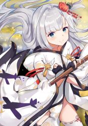 Rule 34 | 1girl, azur lane, blue eyes, flower, flute, gloves, hair flower, hair ornament, highres, instrument, japanese clothes, long hair, long sleeves, looking at viewer, mole, mole under eye, mosta (lo1777789), partially fingerless gloves, shoukaku (azur lane), silver hair, smile, solo, thighhighs, white thighhighs, wide sleeves
