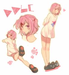 Rule 34 | 1girl, alternate costume, arms behind back, casual, cat slippers, copyright name, doki doki literature club, hair down, hair ornament, hairclip, heart, looking at viewer, multiple views, natsuki (doki doki literature club), no pants, paw print, pink eyes, pink hair, shirt, short hair, short sleeves, simple background, slippers, smirk, sora (efr), two side up, white background, white shirt