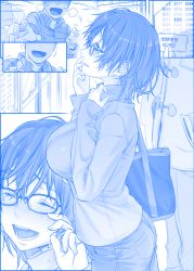 Rule 34 | 1boy, 1girl, bag, blue theme, blush, breasts, card, comic, commentary request, denim, getsuyoubi no tawawa, glasses, himura kiseki, holding, holding card, jeans, large breasts, messy hair, monochrome, open mouth, pants, shirt, silent comic, tearing up, tears, wiping tears