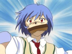 Rule 34 | ayanami rei, blue hair, blush, bread slice, cardigan, food, food in mouth, mouth hold, necktie, neon genesis evangelion, red eyes, school uniform, simple background, toast, toast in mouth