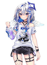 Rule 34 | &gt;:), 1girl, absurdres, ahoge, amane kanata, amane kanata (punk rock), angel, angel wings, arm at side, bear hair ornament, black collar, black shorts, blue hair, blue halo, blue nails, blush, character print, chest harness, clenched hand, closed mouth, collar, colored inner hair, commentary, cowboy shot, crossed bangs, detached sleeves, double-parted bangs, feathered wings, fishnet pantyhose, fishnets, flat chest, gradient wings, grey hair, hair between eyes, hair ornament, hairclip, halo, hand up, harness, heart o-ring, highres, hololive, leather wrist straps, long hair, long sleeves, looking at viewer, mini wings, multicolored hair, multicolored wings, nail polish, o-ring, o-ring harness, o-ring thigh strap, off shoulder, official alternate costume, official alternate hairstyle, paint splatter, pantyhose, pink hair, print shirt, punk, purple eyes, self character print, shirt, short shorts, short sleeves, shorts, sidelocks, simple background, single bare shoulder, single detached sleeve, single leg pantyhose, skindentation, smile, solo, star halo, streaked hair, t-shirt, thigh strap, v-shaped eyebrows, virtual youtuber, wavy hair, white background, white shirt, white wings, wings, x hair ornament, xivi9