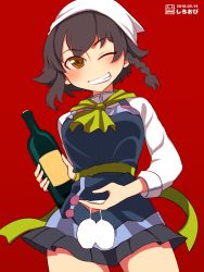 Rule 34 | 1girl, artist logo, artist name, ascot, bandana, black dress, black hair, blush, bottle, braid, brown eyes, commentary, cowboy shot, cup, dated, dress, drinking glass, girls und panzer, grin, highres, holding, holding bottle, long sleeves, looking at viewer, one-hour drawing challenge, one eye closed, pepperoni (girls und panzer), pleated skirt, red background, shiroobi (whitebeltmaster), shirt, short dress, short hair, side braid, simple background, skirt, smile, solo, standing, white shirt, wine bottle, wine glass, yellow ascot