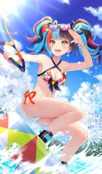 Rule 34 | 1girl, :d, bare shoulders, bikini, black hair, blue hair, blue sky, blush, bracelet, breasts, cleavage, cloud, collarbone, commentary, craft essence (fate), criss-cross halter, earrings, eyewear on head, fate/grand order, fate (series), front-tie bikini top, front-tie top, fukahire (ruinon), halterneck, sei shounagon (happy drive) (fate), heart, heart-shaped eyewear, jewelry, medium breasts, multicolored hair, ocean, official art, open mouth, red hair, sei shounagon (fate), shoes, side-tie bikini bottom, sky, smile, solo, sparkle, sun, sunglasses, surfboard, surfing, swimsuit, twintails, water, yellow eyes