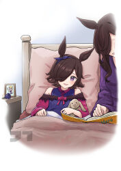 Rule 34 | 2girls, absurdres, aged down, animal ears, artist logo, black hair, blue shirt, book, bow, clothing cutout, commentary, ear ribbon, english text, food, hair over one eye, highres, holding, holding food, holding stuffed toy, horse ears, indoors, jtleeklm, long hair, mother and daughter, multiple girls, on bed, open mouth, pajamas, picture frame, pillow, purple eyes, purple shirt, reading, rice shower (umamusume), shirt, short hair, shoulder cutout, sitting, smile, stuffed animal, stuffed rabbit, stuffed toy, two-tone shirt, umamusume, under covers