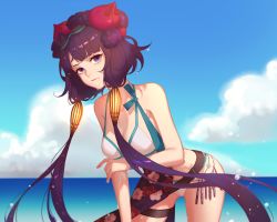 Rule 34 | 1girl, absurdres, bare shoulders, bikini, blue eyes, breasts, cloud, cloudy sky, commentary, fate/grand order, fate (series), floral print, goggles, goggles on head, hair ornament, highres, jesse (pixiv34586727), katsushika hokusai (fate), katsushika hokusai (swimsuit saber) (fate), long hair, looking at viewer, medium breasts, ocean, octopus, outdoors, purple hair, short hair, sky, solo, swimsuit, thigh strap, water, white bikini