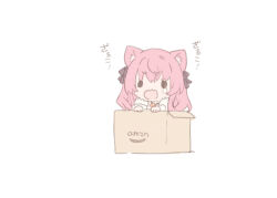 Rule 34 | 1girl, amazon (company), animal ear fluff, animal ears, black bow, blade (galaxist), bow, box, cardboard box, chibi, commentary request, copyright request, hair bow, in box, in container, open mouth, pink hair, simple background, solid oval eyes, solo, teardrop, translation request, wavy mouth, white background