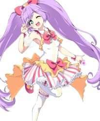 Rule 34 | 1girl, ;d, bare shoulders, bow, detached collar, frilled skirt, frilled thighhighs, frills, green eyes, hair bow, highres, long hair, looking at viewer, magical girl, manaka laala, microphone, musical note, one eye closed, open mouth, pretty series, pripara, purple hair, skirt, smile, solo, standing, standing on one leg, striped, tachibana omina, thighhighs, treble clef, twintails, v, v over eye, vertical stripes, very long hair