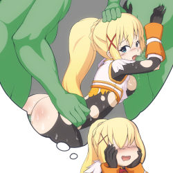 Rule 34 | 10s, 1girl, 2boys, armor, bad id, bad pixiv id, blonde hair, blue eyes, blush, bodysuit, breasts, censored, darkness (konosuba), drooling, eyebrows, fat, fat man, female pervert, group sex, hair ornament, hairclip, hand on another&#039;s head, hands on own cheeks, hands on own face, hetero, highres, imagining, kono subarashii sekai ni shukufuku wo!, large breasts, long hair, mmf threesome, mosaic censoring, multiple boys, naughty face, no eyes, open mouth, oral, orc, penis, pervert, ponytail, rape, sex, sex from behind, simple background, smile, solo focus, spitroast, takeda yukimura, tears, threesome, torn clothes