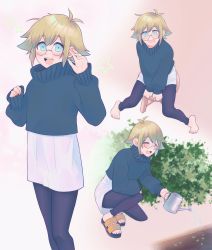 Rule 34 | 1boy, ^ ^, absurdres, alternate costume, barefoot, basil (faraway) (omori), basil (omori), bespectacled, black pants, blonde hair, blue sweater, blush, closed eyes, commission, commissioner upload, glasses, highres, holding, holding watering can, long sleeves, looking at viewer, maromichan, multiple views, omori, open mouth, pants, round eyewear, sandals, short hair, sitting, skeb commission, skirt, sleeves past wrists, smile, solo, stool, sweater, teeth, turtleneck, turtleneck sweater, upper teeth only, v arms, watering, watering can, white skirt