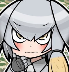 Rule 34 | 10s, 1girl, 3:, bad id, bad pixiv id, black hair, blush, bodystocking, brown eyes, camouflage, camouflage background, closed mouth, collared shirt, gloves, grey gloves, grey necktie, grey shirt, hair between eyes, head wings, iriomote umineko, kemono friends, long hair, long sleeves, low ponytail, multicolored hair, necktie, orange hair, outline, portrait, shirt, shoebill (kemono friends), side ponytail, silver hair, silver necktie, solo, upper body, wings