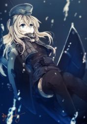 Rule 34 | 10s, 1girl, black dress, black pantyhose, blonde hair, blue eyes, covering own mouth, cropped jacket, dress, garrison cap, genyaky, gloves, hand on own stomach, hat, headgear, kantai collection, long hair, machinery, military, military hat, military uniform, pale skin, pantyhose, solo, submerged, twitter username, u-511 (kancolle), underwater, uniform