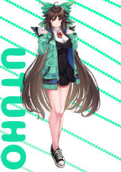 Rule 34 | 1girl, absurdres, afueeriru, ahoge, alternate costume, arms up, bird wings, black dress, black footwear, blush, bow, breasts, brown hair, character name, closed mouth, commentary request, dotted background, dress, feathered wings, green bow, green jacket, hair between eyes, hair bow, hair ornament, hairclip, highres, hood, hoodie, jacket, knees, lace, large breasts, long hair, long sleeves, looking at viewer, orange eyes, reiuji utsuho, shiny skin, shoes, short dress, simple background, smile, sneakers, solo, standing, tachi-e, thighs, third eye, touhou, typo, very long hair, wings