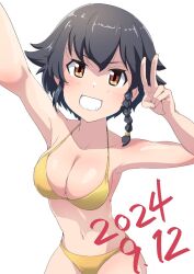 Rule 34 | 1girl, bikini, black hair, blush, braid, breasts, brown eyes, buchikaki, cleavage, collarbone, dated, girls und panzer, gold bikini, grin, highres, large breasts, looking at viewer, navel, pepperoni (girls und panzer), short hair, simple background, smile, solo, swimsuit, v, white background