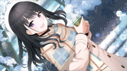Rule 34 | 1girl, :d, beret, black hair, brown capelet, brown jacket, capelet, coffee cup, commentary request, cup, day, disposable cup, dutch angle, fringe trim, hat, holding, holding cup, idolmaster, idolmaster shiny colors, jacket, kazano hiori, long hair, long sleeves, mole, mole under mouth, o (rakkasei), open mouth, outdoors, purple eyes, smile, snow, snowman, solo, white hat