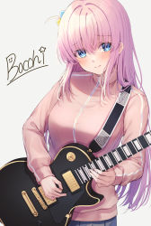 Rule 34 | 1girl, blue eyes, blush, bocchi the rock!, breasts, closed mouth, cube hair ornament, electric guitar, gotoh hitori, guitar, hair ornament, highres, instrument, jacket, long hair, long sleeves, looking at viewer, medium breasts, music, nervous smile, one side up, pink hair, pink jacket, playing instrument, plectrum, primamiya, simple background, smile, solo, track jacket, very long hair, white background