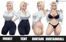 Rule 34 | !, 1girl, ?, absurdres, anger vein, ass, black bra, black panties, black pants, blonde hair, blouse, bra, breasts, brown eyes, cleavage, collared shirt, commentary, contemporary, cropped legs, curtain call challenge (meme), dress shirt, echo saber, english commentary, english text, hand on own hip, heart, high-waist pants, highres, huge breasts, linea alba, lips, low ponytail, mature female, medium hair, meme, multiple views, naruto (series), no pants, open clothes, open shirt, panties, pants, plunging neckline, shirt, shirt tucked in, taut clothes, taut shirt, tented shirt, thick thighs, thighs, tsunade (naruto), underwear, undressing, variations, white shirt