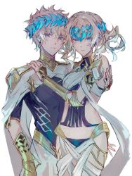 Rule 34 | 1boy, 1girl, armlet, armor, bare shoulders, black panties, blonde hair, blue eyes, blue headwear, blush, bracer, breasts, brother and sister, castor (fate), closed mouth, collar, diadem, fate (series), gloves, glowing armor, gold armor, gold gloves, gold trim, hair ribbon, head wreath, highres, looking at viewer, multicolored clothes, open mouth, panties, pollux (fate), ribbon, short hair, short sleeves, siblings, small breasts, teeth, thighs, underwear, white background, white ribbon