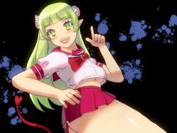 Rule 34 | 10s, 1girl, 2019, arm up, black background, blunt bangs, blush, breasts, contrapposto, cowboy shot, demon girl, demon tail, female focus, from side, green eyes, green hair, hand on own hip, heart, heart tail, hime cut, horns, index finger raised, long hair, looking at viewer, looking to the side, mairimashita! iruma-kun, matching hair/eyes, medium breasts, midriff peek, no bra, open mouth, pink shirt, pleated skirt, pointing, pointing up, pointy ears, red skirt, school uniform, serafuku, sharp teeth, shiny skin, shirt, skirt, smile, solo, standing, tail, teeth, thick thighs, thighs, underboob, upper teeth only, valac clara, very long hair