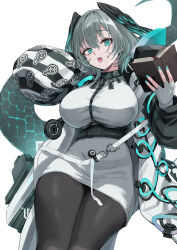 Rule 34 | 1girl, absurdres, arknights, black pantyhose, black wings, blue eyes, blue nails, blue wings, book, breasts, commentary request, dress, feathered wings, fingerless gloves, gloves, grey gloves, hair between eyes, head wings, highres, ho&#039;olheyak (arknights), holding, holding book, jacket, large breasts, long sleeves, looking at viewer, nail polish, open book, open clothes, open jacket, open mouth, pantyhose, pizzasi, puffy long sleeves, puffy sleeves, simple background, solo, tail, white background, white dress, white jacket, wings