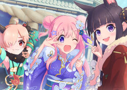 Rule 34 | 3girls, absurdres, alternate costume, alternate hairstyle, animal ears, arms up, black hair, closed mouth, commentary request, detached sleeves, dog ears, double bun, dragon horns, hair bun, hair ornament, hatsune (new year) (princess connect!), hatsune (princess connect!), highres, horns, inori (new year) (princess connect!), inori (princess connect!), japanese clothes, kasumi (new year) (princess connect!), kasumi (princess connect!), kimono, light brown hair, looking at viewer, multiple girls, new year, one eye closed, open mouth, pink hair, princess connect!, purple eyes, red eyes, shrine, upsilon3219