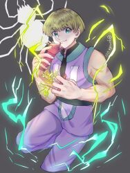 Rule 34 | 1boy, bare arms, blonde hair, bowl cut, cropped legs, electricity, green eyes, hand up, highres, holding, holding phone, hunter x hunter, large hands, looking at viewer, male focus, nen (hunter x hunter), pants, phone, purple pants, shalnark, short hair, sleeveless, smile, solo, toned, toned male, ultimate gouda (gouda011)