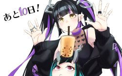 Rule 34 | 2girls, black hair, black jacket, black shirt, blouse, blue hair, blunt bangs, blush, breasts, bubble tea challenge, cleavage, closed mouth, commentary request, demon girl, demon horns, fang, gin (tttetu123), heart, heart print, highres, horns, jacket, jewelry, kojo anna, kojo anna (1st costume), long hair, long sleeves, looking at viewer, looking up, medium breasts, multicolored hair, multiple girls, nanashi inc., off shoulder, pointy ears, purple hair, red eyes, ring, see-through, see-through cleavage, see-through shirt, shirt, shishio chris, simple background, skin fang, sleeveless, sleeveless shirt, smile, sugar lyric, twintails, two-tone hair, virtual youtuber, white background, yellow eyes