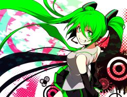 Rule 34 | 1girl, abstract background, arms behind back, bad id, bad pixiv id, detached sleeves, green eyes, green hair, grin, hatsune miku, headset, hirococo, long hair, looking back, matching hair/eyes, necktie, skirt, smile, solo, symbol-shaped pupils, twintails, very long hair, vocaloid