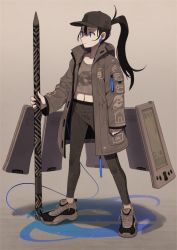 Rule 34 | 1girl, baseball cap, black hair, blue eyes, breasts, brown theme, closed mouth, coat, collarbone, earrings, floating, floating object, hair between eyes, hat, highres, holding, holding stylus, internet explorer, jewelry, leggings, long hair, long sleeves, monochrome, navel, open clothes, open coat, original, pda, personification, shoes, simple background, small breasts, sneakers, solo, spot color, standing, stylus, tomioka jirou