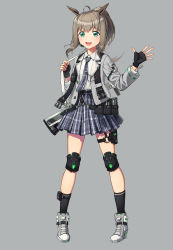 Rule 34 | 1girl, absurdres, animal ears, black gloves, black socks, blue necktie, blue skirt, brown hair, carrying, commentary, corsetman, donkey ears, dress shirt, english commentary, fingerless gloves, full body, gloves, green eyes, grey footwear, grey jacket, gun, headset, highres, jacket, knee pads, long hair, looking at viewer, magazine (weapon), miniskirt, necktie, open clothes, open jacket, open mouth, original, plaid, plaid necktie, plaid skirt, pleated skirt, ponytail, school uniform, shirt, shoes, simple background, skirt, smile, socks, solo, standing, waving, weapon, weapon behind back, white shirt, wing collar
