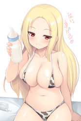 Rule 34 | 1girl, :3, animal print, arm behind back, bare shoulders, blonde hair, blush, bottle, breasts, cleavage, collarbone, commentary, covered erect nipples, cow print, cowboy shot, forehead, gluteal fold, highres, holding, kageira, large breasts, long hair, looking at viewer, micro bra, milk bottle, navel, red eyes, sagging breasts, senran kagura, senran kagura estival versus, senran kagura shinovi versus, shadow, shiki (senran kagura), shiny skin, sidelocks, sitting, solo, split mouth, spread legs, stomach, thighs, translation request
