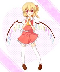 Rule 34 | 1girl, bad id, bad pixiv id, blonde hair, blush, blush stickers, female focus, flandre scarlet, hair bobbles, hair ornament, inanosuke, no headwear, no headwear, red eyes, side ponytail, solo, thighhighs, touhou, wings