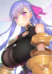 Rule 34 | 10s, 1girl, bare shoulders, blush, breasts, claws, cleavage, corset, fate/extra, fate/extra ccc, fate (series), hair ribbon, hakuishi aoi, huge breasts, long hair, looking at viewer, parted lips, passionlip (fate), pink eyes, purple eyes, purple hair, purple ribbon, ribbon, solo, upper body