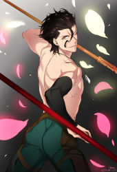 Rule 34 | 1boy, black hair, detached sleeves, fate/zero, fate (series), highres, holding, holding weapon, jewelry, lance, diarmuid ua duibhne (lancer) (fate), looking at viewer, male focus, mole, mole under eye, necklace, one eye closed, petals, polearm, topless male, short hair, signature, solo, spear, weapon, ycco (estrella), yellow eyes