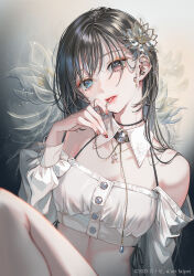 Rule 34 | 1girl, ao+beni, artist name, bare shoulders, black choker, black hair, blue eyes, brown eyes, chain, chain necklace, choker, collarbone, commentary, crop top, crossed bangs, detached collar, detached sleeves, floral background, flower, gem, hair flower, hair ornament, heterochromia, highres, jewelry, long hair, necklace, nibbling, original, pink nails, red gemstone, shirt, solo, white gemstone, white shirt
