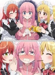Rule 34 | 2koma, 3girls, @ @, absurdres, ahoge, apron, blonde hair, blush, bocchi the rock!, bow, bowtie, closed eyes, comic, commentary request, cube hair ornament, cup, disposable cup, drooling, food, gotoh hitori, hair ornament, highres, holding, holding cup, ijichi nijika, jacket, kita ikuyo, lens flare, locked arms, long hair, maid, maid apron, maid headdress, meiji (meizi493), multiple girls, official alternate costume, open mouth, orange eyes, pink hair, plastic bottle, pocky, pouring, red hair, smile, sweat, track jacket, whispering, yellow eyes, yuri
