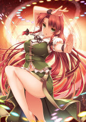 Rule 34 | 1girl, :o, arm over head, arm up, bare legs, braid, breasts, danmaku, dress, fighting stance, green eyes, highres, hong meiling, large breasts, leg up, legs, long hair, looking at viewer, magic circle, monety, outstretched arm, red hair, side slit, solo, spell card, touhou, twin braids, very long hair