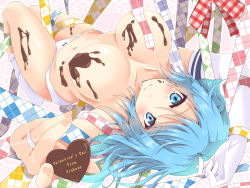 Rule 34 | 10s, 1girl, blue eyes, blue hair, breasts, candy, chocolate, chocolate heart, commentary request, convenient censoring, covered erect nipples, double bun, elbow gloves, food, gloves, hair bun, happy valentine, heart, highres, incoming gift, jewelry, kantai collection, koumei (twinameless), large breasts, long hair, looking at viewer, lying, navel, on back, panties, ring, single elbow glove, smile, solo, topless, underwear, urakaze (kancolle), valentine, wedding ring, white gloves, white panties