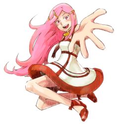 Rule 34 | 00s, 10rankai, 1girl, anemone (eureka seven), collar, dress, eureka seven, eureka seven (series), foreshortening, hair ornament, hairclip, long hair, long legs, lowres, outstretched arm, outstretched hand, pink eyes, pink hair, reaching, simple background, smile, solo